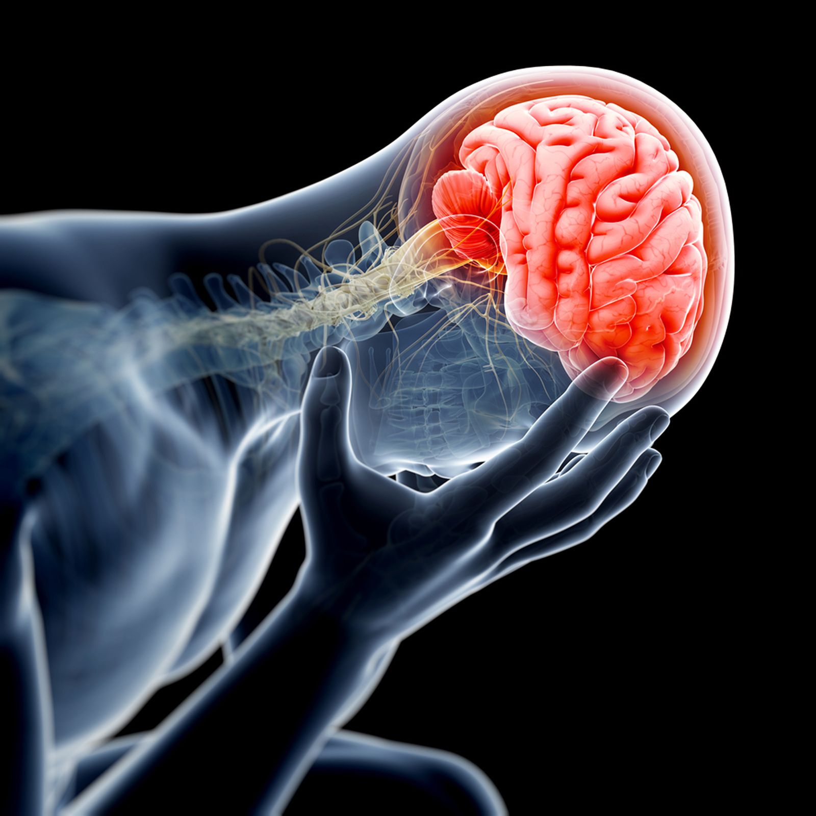 3D rendering of a person in pain clutching their head
